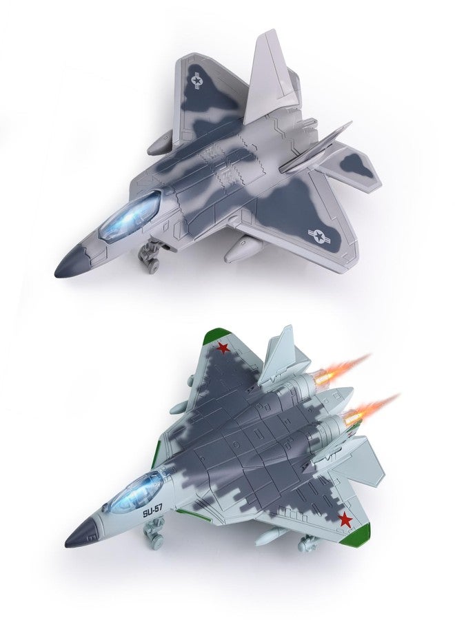 Crelloci 2-in-1 Diecast Fighter Jet Toy Set with Lights & Sounds, Pull Back Airplane F-22 & SU-57 1:144 Scale Military Aircraft Models with Display Stand, Gift for Kids & Collectors - Image 1
